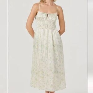 Astr Cream Floral Satin Midi Dress with Spaghetti Straps NWT